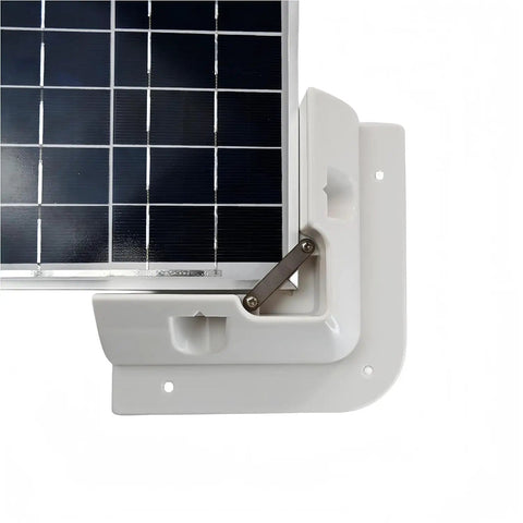 Flat Roof Solar Panel Mounting Bracket Kit 7 Piece ScrewFix Roof Mounts for RVs Vans Caravans Sheds and Boats with corner bracket in use