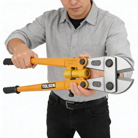Person using Heavy Duty 30 Inch Bolt Cutter With Ergonomic Non-Slip Handle, Cuts Padlocks, Chains, Locks, Rods, Rivets and Wire