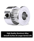 Close-up of GT2 20 tooth aluminum timing pulley with 6.35mm bore for 6mm belts, showing smooth finish and build quality.