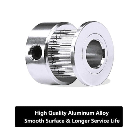 Close-up of GT2 20 tooth aluminum timing pulley with 6.35mm bore for 6mm belts, showing smooth finish and build quality.
