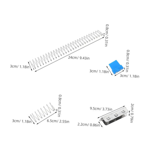 Dimensions of Fabric Cutter Flat Spring Holder For Cutting Machine Head Support, 5 Piece Set outlined in inches and centimeters.