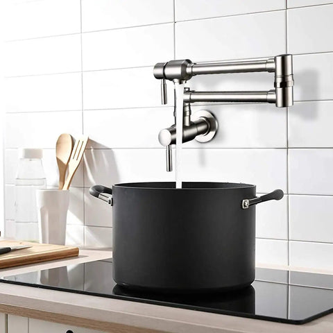 Stainless Steel Pot Filler Faucet Wall Mount With Dual Joint Swing Arm, Cold Water Only, Double Lever Handle, 23.4 Inch Kitchen Stove Faucet, Low Lead Brass Body, Heavy Duty Workhorse filling a pot.