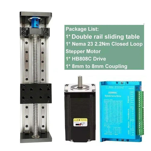 Top Quality Heavy Duty SFU1605 Ball Screw And Linear Rail Motor Kit One Full Assembly For Cnc Router Or 3D Printer Setup showing double rail sliding table and stepper motor.