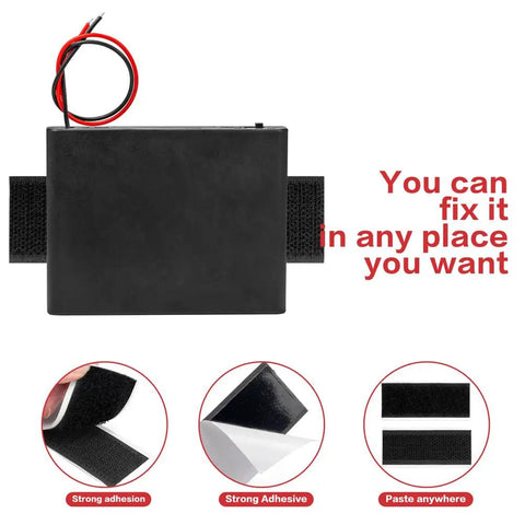 Front view of 2PK 6AA Battery Holder Bringing You A Knockout 9V Charge with attached hook leads and velcro straps.