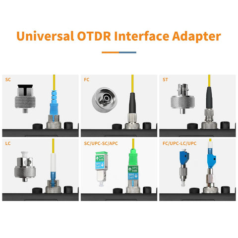 Six-piece Universal OTDR fiber optic adapter set with SC, FC, ST, LC and two mixed SC/UPC-SC/UPC, FC/UPC-LC/UPC adapters; metal bodies