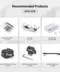 Recommended products including Hex Screw Pack, Tool Set, Screw Pack, Drop-in QR Clamp, Cold Shoe Monitor Mount, and Camera Dest Mount.