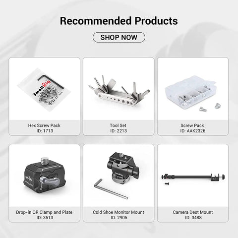Recommended products including Hex Screw Pack, Tool Set, Screw Pack, Drop-in QR Clamp, Cold Shoe Monitor Mount, and Camera Dest Mount.