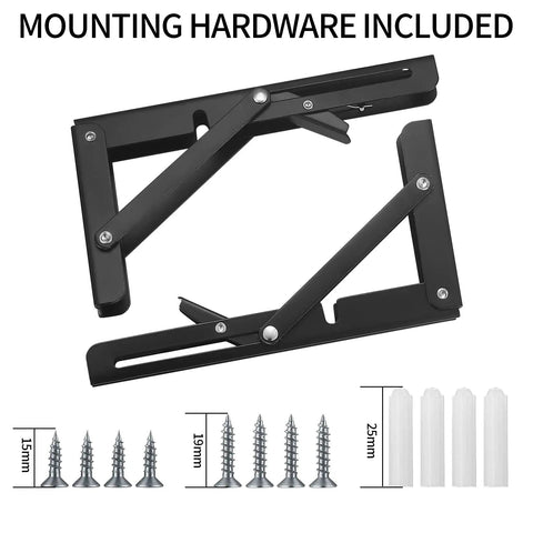 These Badass Heavy Duty Folding Shelf Brackets Bring Serious Strength As A 10 Inch Floating Triangle Wall Mount Hinge Setup with included screws.
