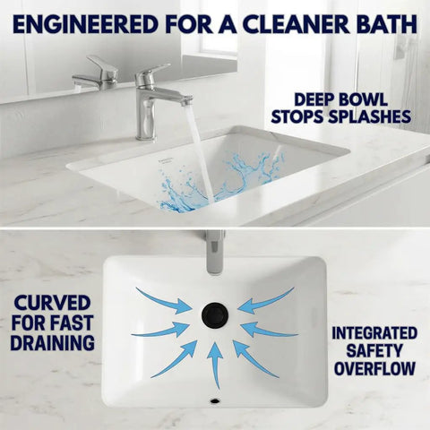 Undermount White Bathroom Sink 18 By 12 Inch Interior Rectangular Bowl Fits 24 Inch Vanity Cabinet Vitreous China High Gloss Finish Scratch And Stain Resistant showcasing deep bowl and overflow.