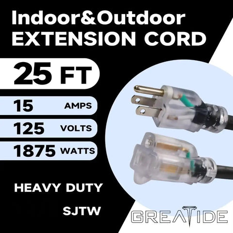 Heavy Duty Outdoor Extension Cord With Lighted End For Easy Finding 25 Ft Long 12 Gauge SJTW Waterproof Power Cord details