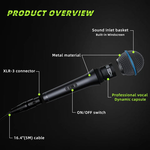 Diagram of Wired XLR Dynamic Microphone For Singing And Live Gigs, Cardioid Handheld Mic For Stage And Studio with features labeled