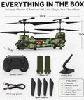 Chinook Style RC Helicopter LM19-D 1:100 scale with altitude hold, remote control, batteries, display rack, and accessories.