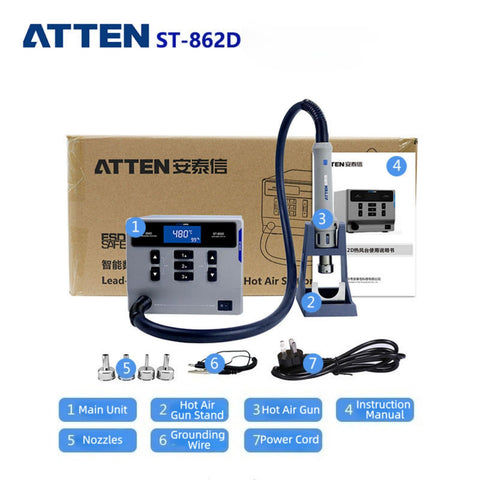 Beefy 1000W Digital Hot Air Rework Station with accessories, LCD display, and nozzles for BGA and SMD soldering desoldering.