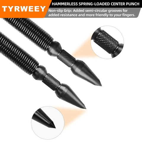 Close-up of a 1-Piece Nail Setter Dual Head Center Hole Punch with black oxide finish, featuring 1/8 and 3/16 inch spring-loaded heads.