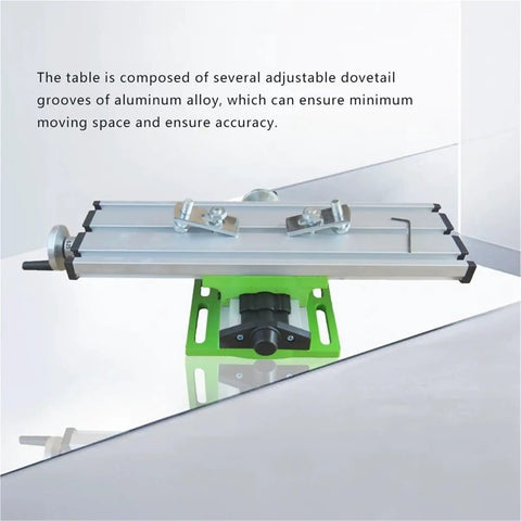 Mini Bench Drill Press Combo Machine With Lathe, Milling And Sanding Capabilities Compact vertical power tool with aluminum alloy adjustable table.