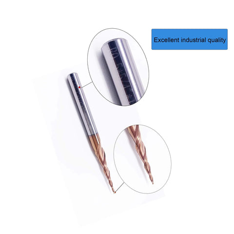 Tapered Ball Nose End Mill 1/4 Inch Shank, 3 Inch Overall Length, 0.5mm Ball Radius R0.5, Solid Carbide, TiAIN Coating, side view.