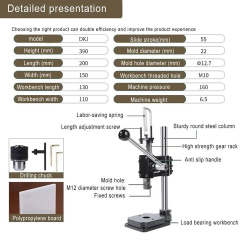 Beefy Leather Hole Puncher For DIY Leather Crafting Arbor Press Hand Punch Tool With 1.5 To 13mm Clamping Chuck And PP Plate details