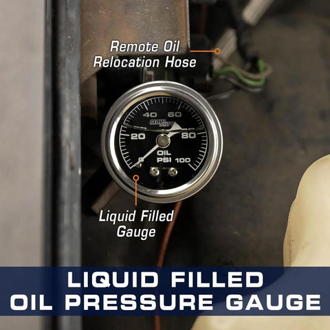 GlowShift 100 PSI oil pressure gauge with black dial, liquid-filled, 1/8-27 NPT, 1.5-inch diameter