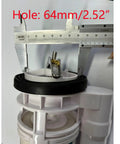 Close-up of Toilet Repair Kit Flush Valve Replacement Parts with 8.27 Inch Height, showing 64mm drain outlet measurement.