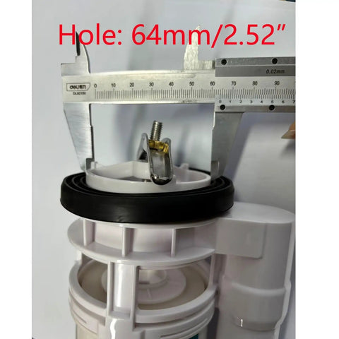 Close-up of Toilet Repair Kit Flush Valve Replacement Parts with 8.27 Inch Height, showing 64mm drain outlet measurement.