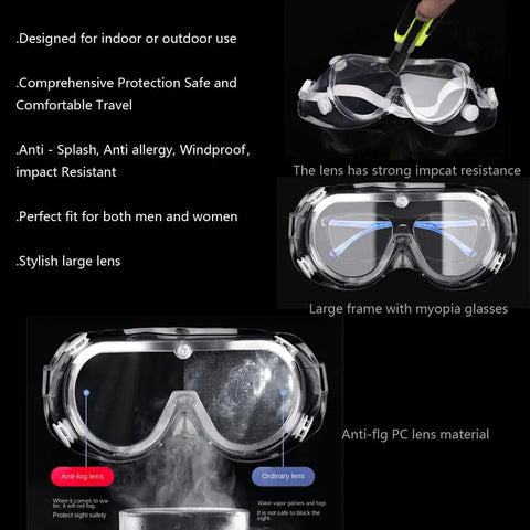 3 Pack Safety Goggles Over Glasses Protective Eyewear With Adjustable Straps For Lab Construction, shown with anti-fog lens