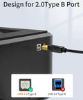 USB C To USB B Printer Cable 6.6 Foot Type B To Type C Printer Cord connecting to a 2.0 Type B port on a printer with diagram.