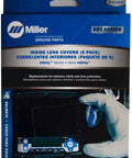 Inside Clear Lens Set For Digital Infinity Welding Helmet 4.75 Inch By 3.25 Inch Pack Of 5 Pro Grade Replacement Lenses Compatible With Miller 271319 Easy Swap Durable Optical Clarity displayed in original packaging with image of lens and gloved hand