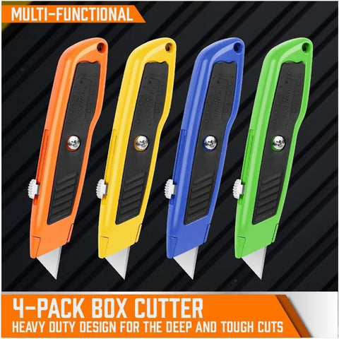 HORUSDY four-pack retractable box cutter knives with aluminum shells in orange, yellow, blue, and green.