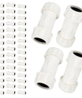 50 Piece 1-1/4 Inch Compression PVC Coupling COM X COM Pipe Fitting Top Shelf Schedule 40 Plastic Connector, shown in bulk.