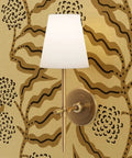 Next Level Floral Stripe Wallpaper With Glitzy Khaki Gold Metallic Details And Textured Fibrous Finish featuring a gold sconce and light.