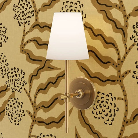 Next Level Floral Stripe Wallpaper With Glitzy Khaki Gold Metallic Details And Textured Fibrous Finish featuring a gold sconce and light.