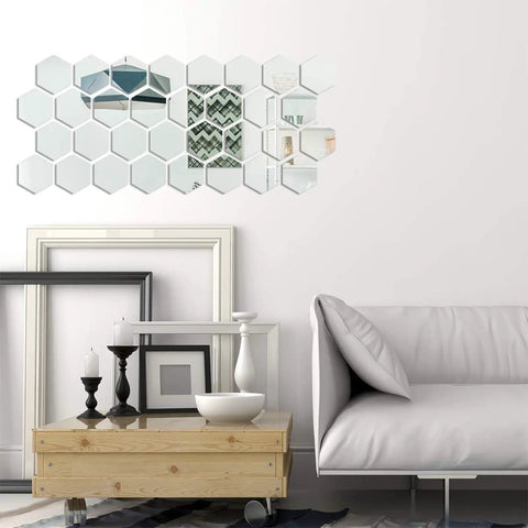 24 Piece Dope Hexagon Mirror Wall Sticker Set, Removable Acrylic Honeycomb Mirrors in modern living room decor setting