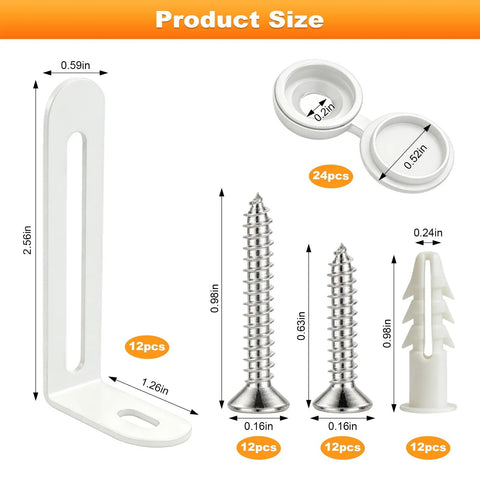 Heavy Duty Furniture Anchors For Baby Proofing 12 Pack White Anti Tip Wall Mount Kit components, sizes, and materials displayed.