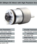 Close-up of a 12V DC motor with high-precision encoder on a circular PCB, metal housing