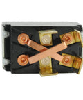 Close-up of Grasshopper mower toggle switch 2P DT 2Pos with copper contact terminals on a black housing