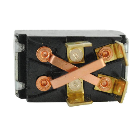 Close-up of Grasshopper mower toggle switch 2P DT 2Pos with copper contact terminals on a black housing