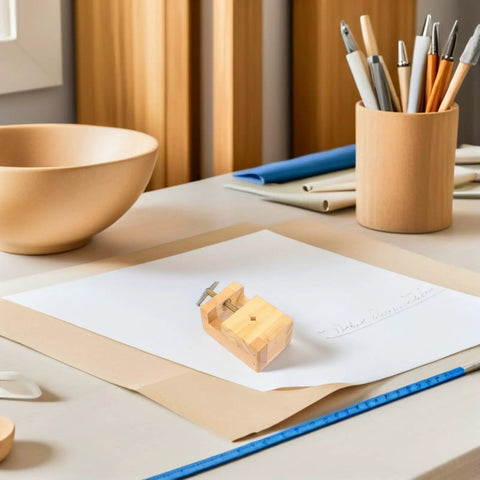 Sturdy Wooden Carving Clamp And Mini Bench Vise For Stone Seal Engraving on a crafts table with pens and paper.