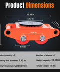 4 Pack Heavy Duty Machinery Mover Set With 20000 Lbs 10 Tons Capacity Carbon Steel Skates 360 Degree Rotation And Non Marking PU Wheels For Moving Heavy Equipment, product dimensions and details displayed.