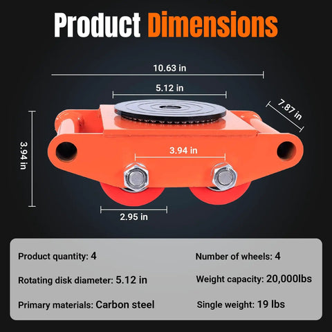 4 Pack Heavy Duty Machinery Mover Set With 20000 Lbs 10 Tons Capacity Carbon Steel Skates 360 Degree Rotation And Non Marking PU Wheels For Moving Heavy Equipment, product dimensions and details displayed.