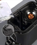 Compact Automatic Freshly Ground Coffee Brewer With Onboard Bean Grinder And Programmed Cup Settings filling with water and coffee beans visible.