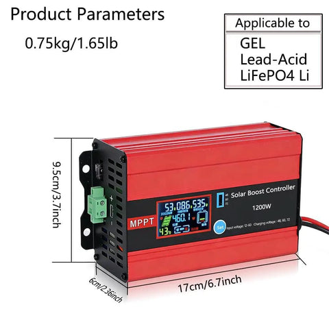 High-Efficiency MPPT Solar Charge Controller 30A 1200W with Step-Up to 48/60/72V for RV and Golf Carts, product dimensions