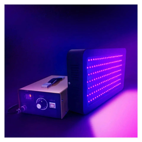 Pro Grade 1500W UV Resin Curing Light With Smooth Stepless Dimming and Hella Fast Shadowless 365Nm 395Nm Rays viewed from side with purple glow.