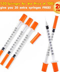 120 Pack U-100 Disposable Syringes 30G 5/16 Inch 1ml Syringes Individually Wrapped With Leak-Proof Design And Clear Measurement Markings For Precise Lab Use, shown with orange caps