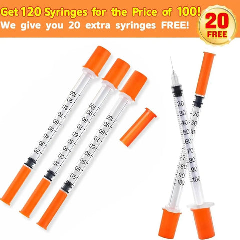 120 Pack U-100 Disposable Syringes, 30 Gauge 5/16 Inch 1ml Each, Individually Wrapped for Lab and Medical Use, Clear Barrel With Precise Markings for Accurate Dosing, Ideal for Research and General Purpose. Syringes with orange caps shown in bulk pack