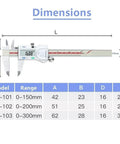 Digital Caliper 0.01mm, Stainless Steel, 0-150/200/300mm dimensions illustration with scale and measurement details