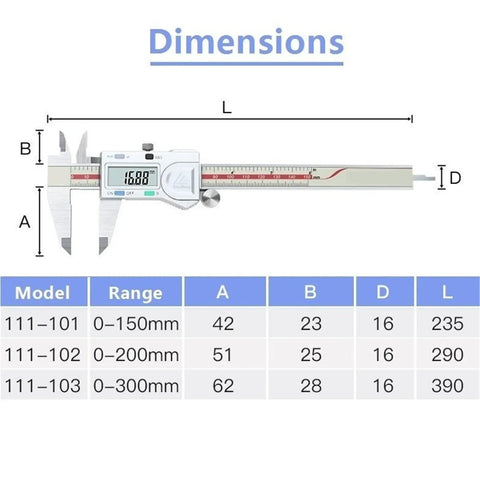 Digital Caliper 0.01mm, Stainless Steel, 0-150/200/300mm dimensions illustration with scale and measurement details