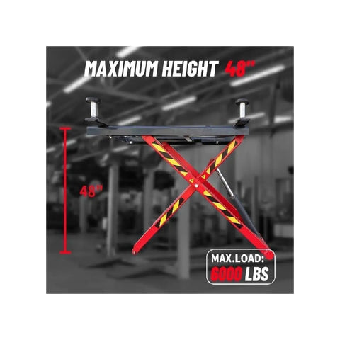 Professional Grade Portable 6000 Pound Hydraulic Scissor Lift With Quick 48 Inch Rise displaying max height and weight capacity.
