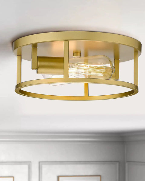 Gold Flush Mount Ceiling Light Fixture 12 Inch 2 Light Dimmable Modern Industrial Metal Fixture in room setting