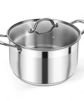 8 Quart Stainless Steel Stock Pot With Heavy Duty 5 Layer Bottom For Induction Cooking, Visible Glass Lid shown upright