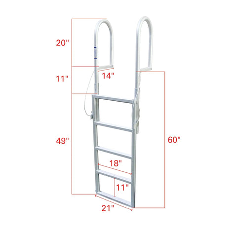Sliding Dock Ladder 5 Steps No Fuss, Sturdy Aluminum Welded Build, Easy Assembly With Common Tools, Keeps a Permanent Mount Yet Removable From the Water, Minimal Boat View Obstruction, Durable Hardware, Backed by a Two Year Warranty. 5-step aluminum dock ladder, 18 in wide, 60 in tall